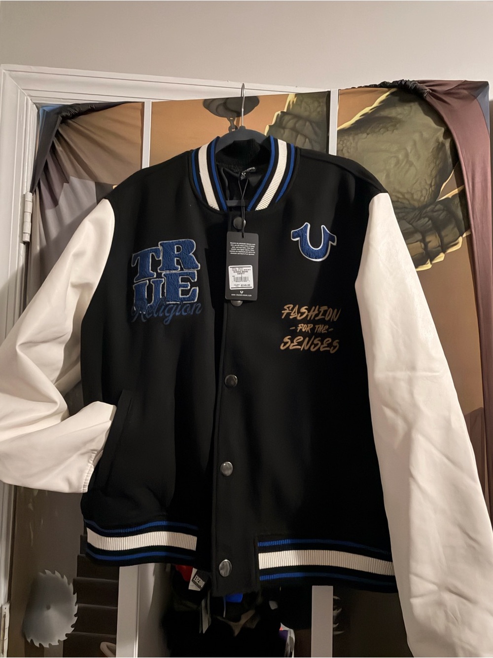 True Religion Black and White Varsity Jacket with Blue Accents